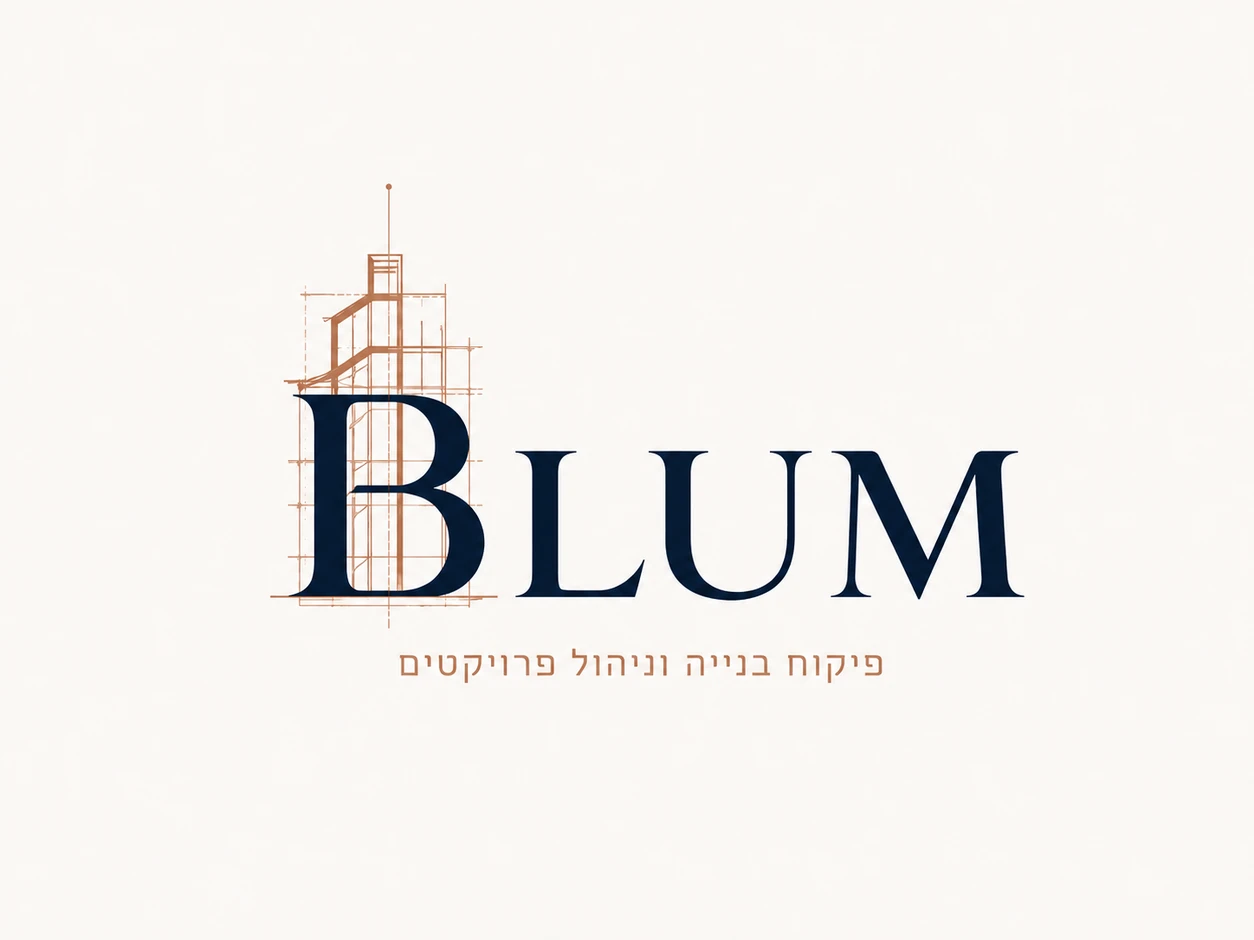 לוגו עבור BLUM, פיקוח בנייה וניהול פרויקטים — כיתוב סריף בכחול כהה עם שרטוט אדריכלי בנחושת שנשזר לתוך האות הראשונה